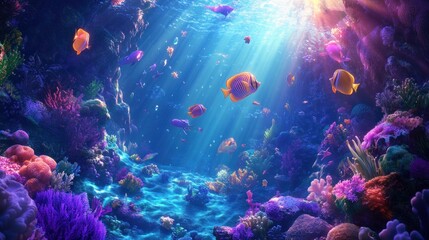 Fototapeta premium Vibrant coral reef teeming with colorful fish. Sunlight streams through the water