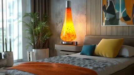 A lava lamp placed in full view in a retro bedroom