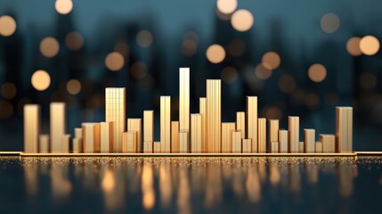 A stylized, golden city skyline made of sleek bars is set against a softly blurred background, perfect for visualizing financial data, urban development, or business growth concepts,