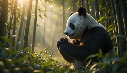Obraz premium Panda amidst bamboo forest basking in sunlight