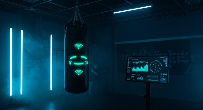Interactive punching bag with digital hologram and data screen in futuristic gym setting