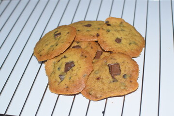Chocolate chips mix cookies isolated on white background, Homemade butter cookies close up. Chocolate chip vanilla cookie on white background. Chocolate chip cookies isolated on white background