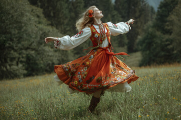 Joyful Slavic Woman Dancing in Traditional Polish Folk Costume on a Meadow, Cultural Festival Performance with Elegance, Color, and Community Spirit