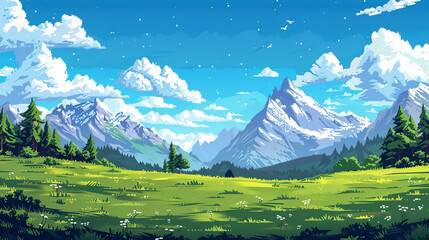 Green meadow, trees, mountains, blue sky, white clouds in art background. Peaceful landscape offers a soothing vibe.