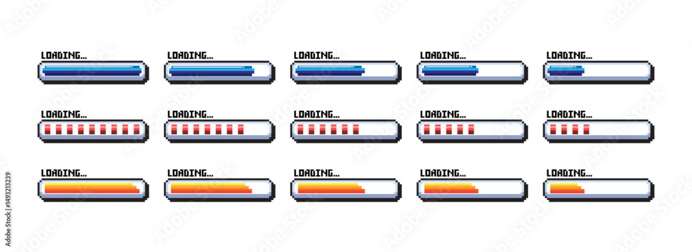 Poster Pixel art 8-bit loading bar concept. Loading icons set.Load bar collection. loading icons