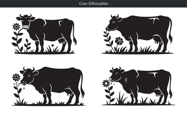Vector illustration of four black cow silhouettes grazing on grass and flowers