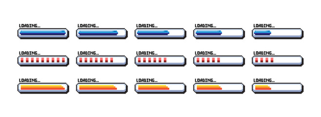Pixel art 8-bit loading bar concept. Loading icons set.Load bar collection. loading icons
