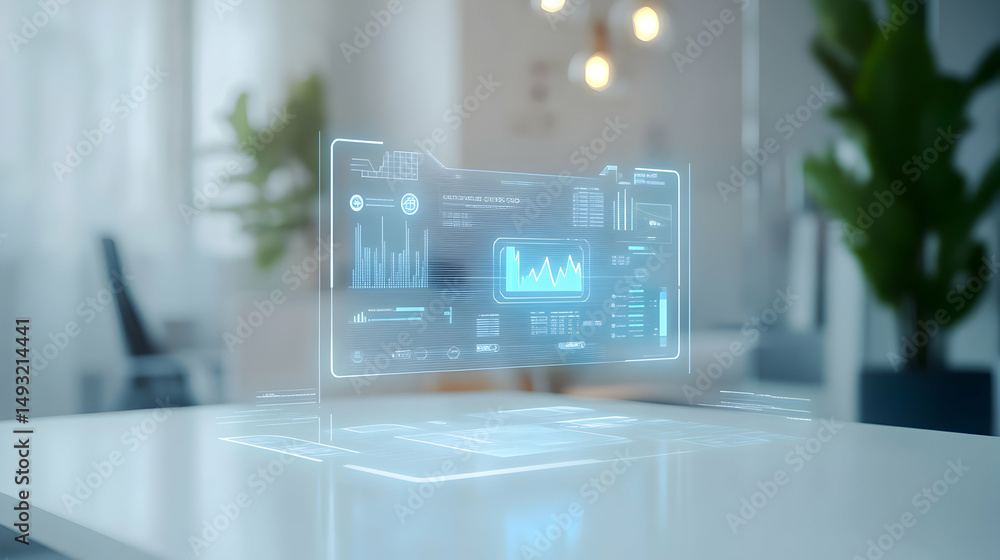 Poster futuristic digital interface display on table with data visualizations