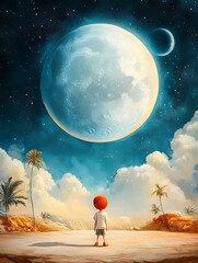 Fototapeta premium 遠い月夜の少年
