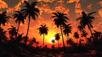 Naklejka premium Tropical sunset silhouettes