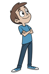 A cartoon character with brown hair, wearing a blue t-shirt, dark pants, and blue shoes, stands with arms crossed and a cheerful expression, against a white background.