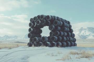 Stacked Tire Arch in Winter Landscape