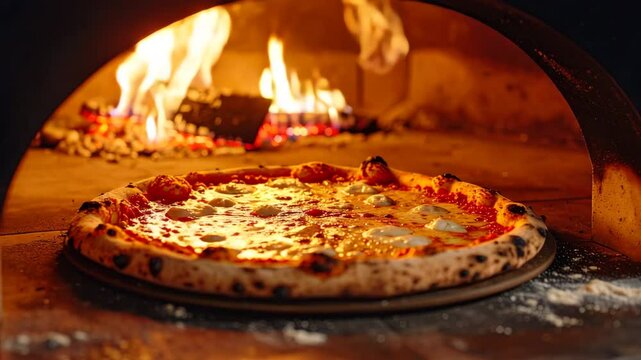 Wood fired pizza with golden crust forming, melted cheese, and tomato sauce baking traditional Italian rustic oven, hot flames create delicious aroma and crispy edge, authentic taste and inviting