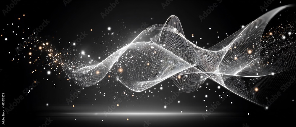Poster abstract wave design with sparkling particle effect on a dark background