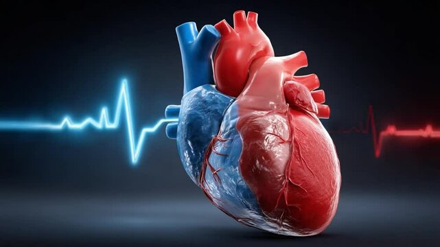 Human Heart: A vivid, medically accurate illustration of the human heart, bisected to showcase its intricate anatomy, set against a backdrop of vibrant electrocardiogram lines.