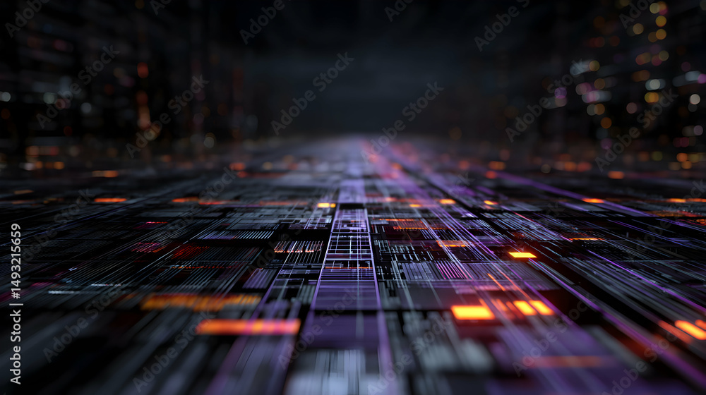 Poster digital landscape with glowing lights and circuit patterns evoking a futuristic world design
