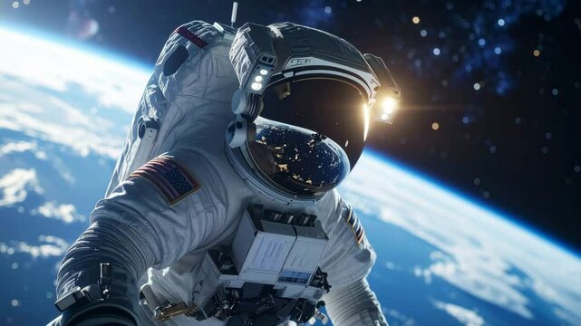 Astronaut floating in outer space above Earth, illuminated by sunlight, with stars and planet in view, wearing advanced suit and helmet, showcasing exploration, technology, and wonder of space