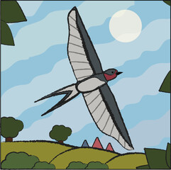 Vector image of a flying bird. A swallow with open wings in the sky. Stylized pencil colored drawing.
