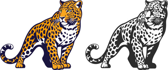 Obraz premium Two leopard icons, one leopard in color, the other silhouette in black, realistic vector image of a leopard.
