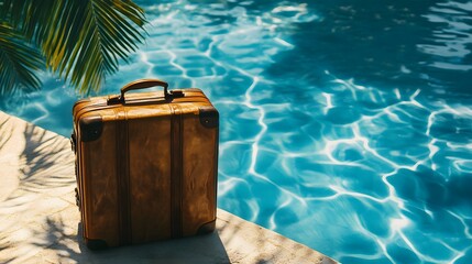 A suitcase placed in full view beside a tropical pool