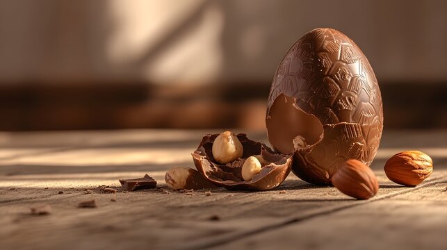 Chocolate Easter egg broken open on rustic wood.