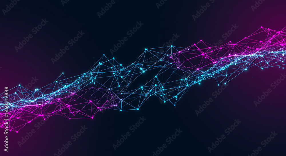 Poster abstract network connection digital wave of pink and blue nodes and lines, futuristic technology bac
