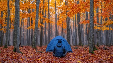 Fototapeta premium Person sits by tent in autumnal forest