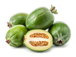 A cluster of feijoa fruit isolated on white background oval green shape cut open to show seed pattern