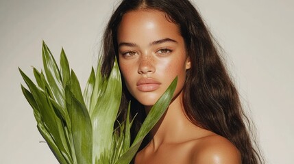 Woman with green foliage portrait