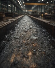 Water flowing through a dark industrial setting, representing liquid transport and processing