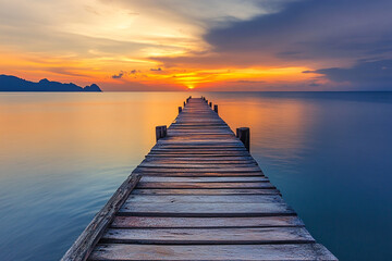 Obraz premium A long wooden pier stretches over calm water towards a vibrant sunset with orange and yellow hues on the horizon and distant mountains.