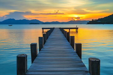 Fototapeta premium A long wooden pier stretches over calm water towards a vibrant sunset with orange and yellow hues on the horizon and distant mountains.