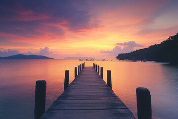 Obraz premium A long wooden pier stretches over calm water towards a vibrant sunset with orange and yellow hues on the horizon and distant mountains.