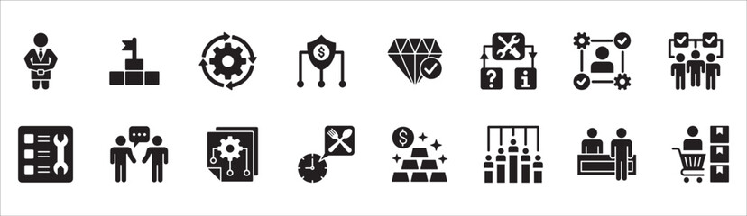 Business management flat icon set. Contains symbol of businessman, target, finance, lunchtime, success, hierarchy, data, reward, work, money, employee, task, shop, meeting, job. Vector illustration