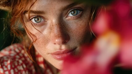 Half Body Portrait of a Freckled European Woman with Beautiful Blue Eyes Surrounded by Flowers