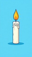 A brightly lit candle burning with a vibrant flame against a light blue background illustration.