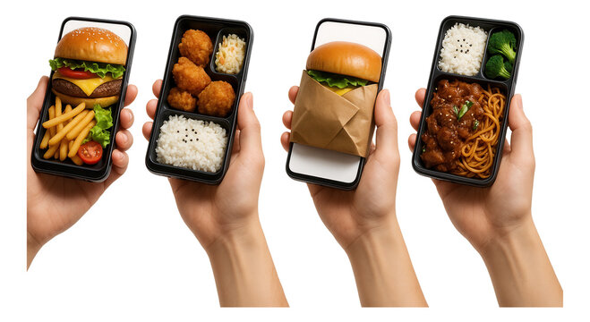 Diverse meals including a burger, chicken nuggets, rice, spaghetti, and vegetables are creatively displayed on smartphone screens, held in hands on transparent background.
