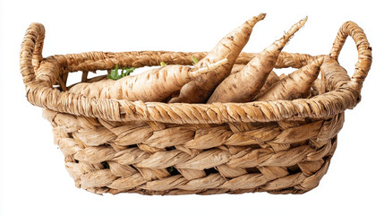 Obraz premium Rustic basket filled with root vegetables, showcasing earthy tones and natural textures, perfect for farm to table aesthetic