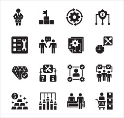 Business management flat icon set. Contains symbol of hierarchy, data, reward, work, money, employee, businessman, target, finance, lunchtime, success, task, shop, meeting, job. Vector illustration