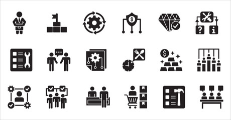 Business company, management flat icon set. Contains symbol of businessman, target, finance, lunchtime, success, hierarchy, data, work, money, employee, task, shop, meeting, job. Vector illustration