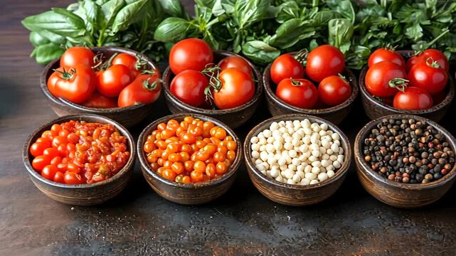Row of bowls with various food ingredients and green basil