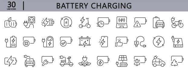 Battery Charging line icons set with Charger, Charge, Power, Energy, Accumulator, Renewable, Solar Panel and more. Editable Stroke