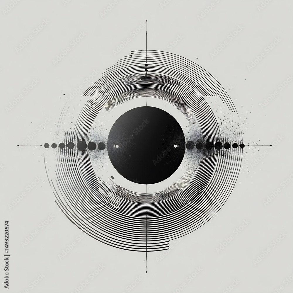 Poster abstract concentric circle design with textured center and radial line accents