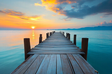 Fototapeta premium A long wooden pier stretches over calm water towards a vibrant sunset with orange and yellow hues on the horizon and distant mountains.