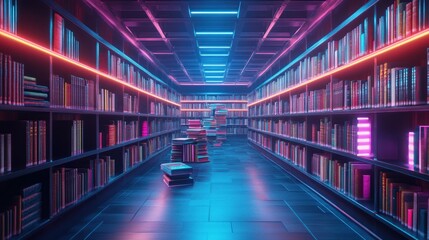 Futuristic library with vibrant neon lights. Bookshelves filled with colorful books
