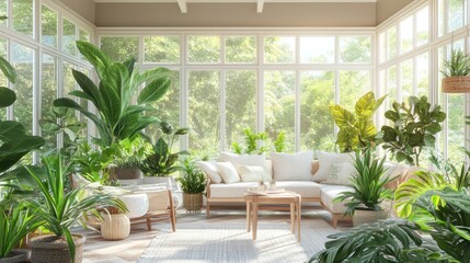 Fototapeta premium Sun-drenched conservatory filled with lush greenery. Tranquil indoor garden setting with comfortable seating
