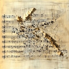 A sheet of musical notation slowly disintegratin