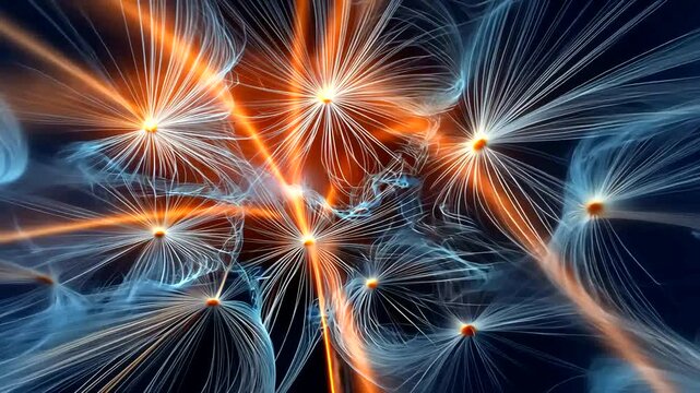 Radial abstract with warm glows and feathery blue trails against a dark background