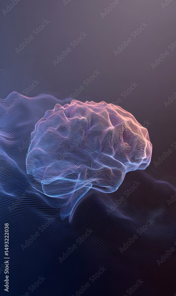 Poster digital brain representation with glowing lines illustrating human intelligence and cognitive functi
