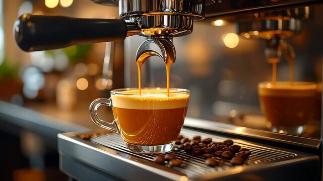 Rich espresso coffee pours in smooth motion into clear glass cup, creating creamy foam and golden crema, with hot beverage and coffee beans scattered nearby in inviting cafe atmosphere.